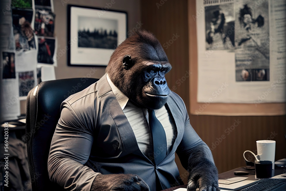 ai generated, gorilla dressed as a human, working as the boss in an