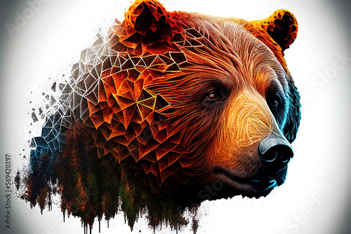 sylized, low poly image of a bear, with paint splashes, fractals and heavy visual effects, ai generated photo