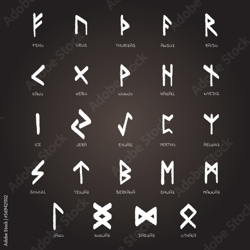 Runes white color inscription on dark background