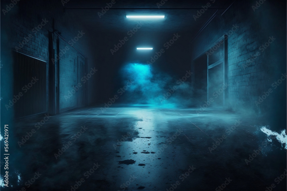 Dark empty corridor with dark blue lighting, empty, creepy, lonely, smoke, created with Generative AI