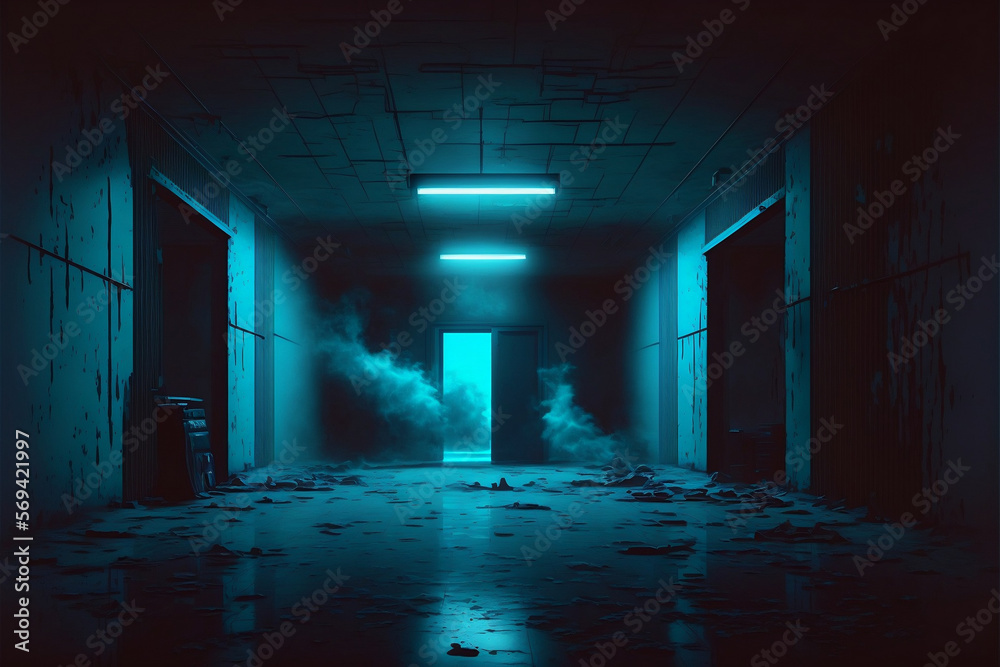 old abandoned building with dark blue lighting, empty, creepy, lonely, smoke, created with Generative AI