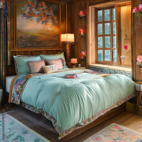 Charming cottage style guest room with floral bedding2, Generative AI