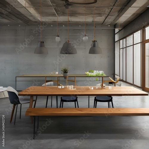 Industrial dining room with concrete wall1, Generative AI