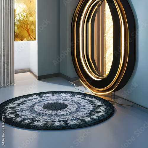 Mid-century modern entryway with round mirror2, Generative AI photo