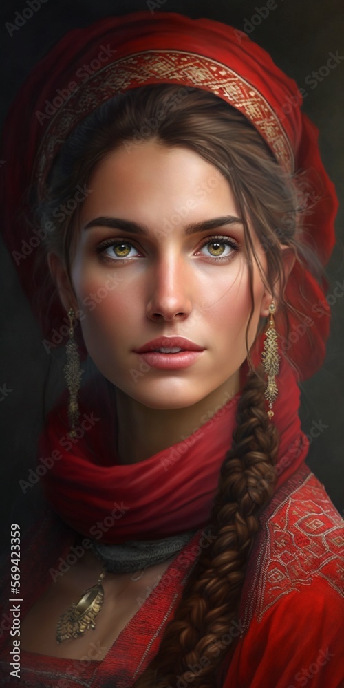 Bulgarische Model Frau Gesicht mit rotem Fashion Outfit Nahaufnahme, ai ...