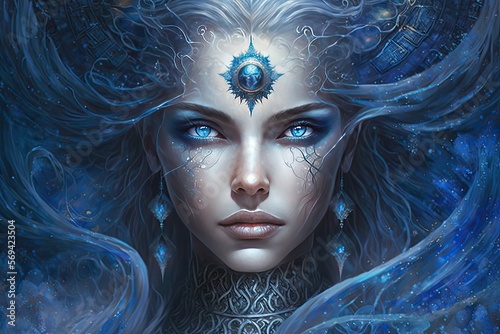 Canvas Print A sorceress with piercing sapphire blue eyes, weaving illusions of shimmering blue