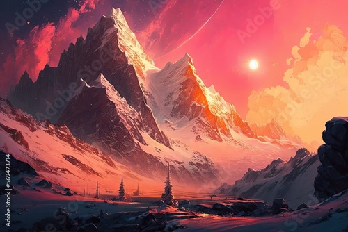 A snowy mountain range, its peaks painted pink and orange by the rising sun. Digital art painting, Fantasy art, Wallpaper