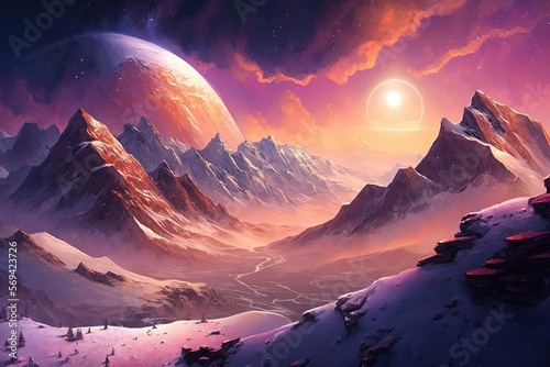 A snowy mountain range, its peaks painted pink and orange by the rising sun. Digital art painting, Fantasy art, Wallpaper