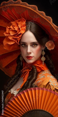 Spanisches Top Model Gesicht mit tollem Make-Up und tratitioneller Kleidung , ai generativ