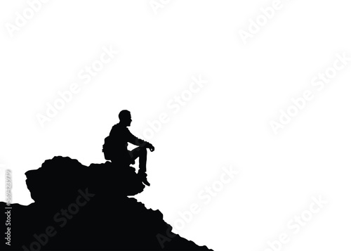 Vector Silhouette Traveler sitting on the stone  meets the sunrise in the mountain. 
