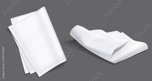 White kitchen towel, fabric napkin, tablecloth or handkerchief. Blank folded linen towels isolated on transparent background, vector realistic illustration