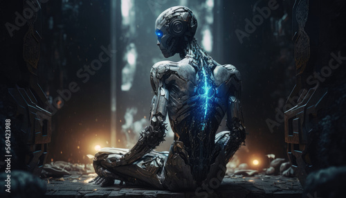 Cyborg Artificial intelligence with luminous eyes sitting in lotus pose for meditation. Robotic synthetic futuristic scifi. Generative AI.