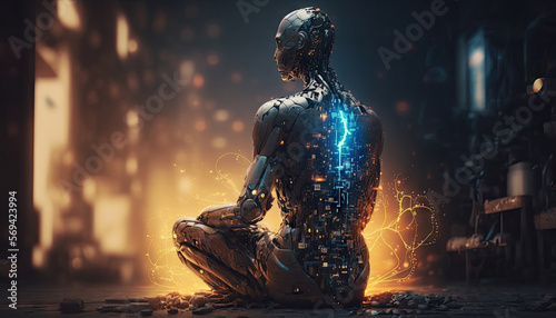 Cyborg Artificial intelligence with luminous eyes sitting in lotus pose for meditation. Robotic synthetic futuristic scifi. Generative AI. © TANATPON