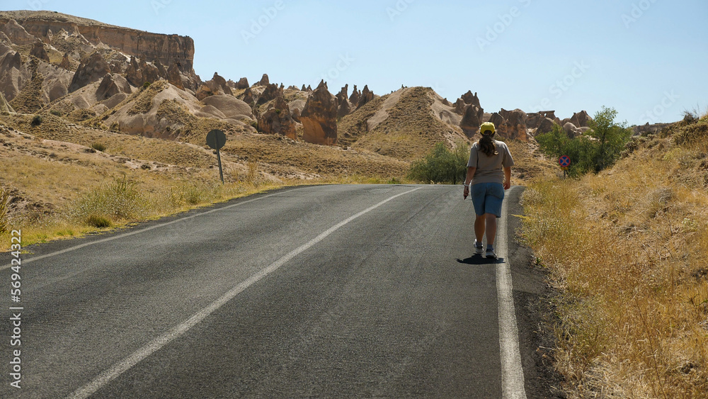A young woman walking along a country road. View from the back. Hitchhiker looking for another hitchhiker to continue her journey. Beautiful nature.