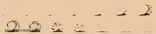Coffee splash, hot chocolate or cocoa wave with swirl and drops. Animation sprite sheet with brown drink splash effect, vector cartoon set isolated on background