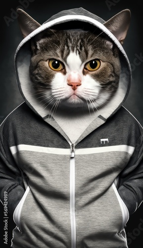 Photo Shoot of Cool, Cute and Adorable Humanoid American Wirehair Cat in Stylish Sportswear:A Unique Athletic Animal in Action with Comfortable Activewear and Gym Clothes like Men, Women, and Kids