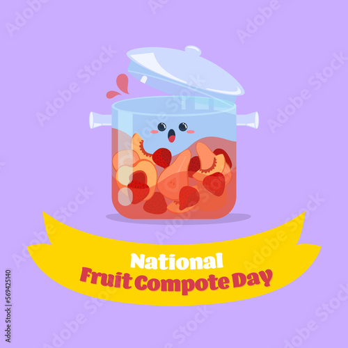 Happy glass saucepan celebrates National Fruit Compote Day. Healthy fruit dessert