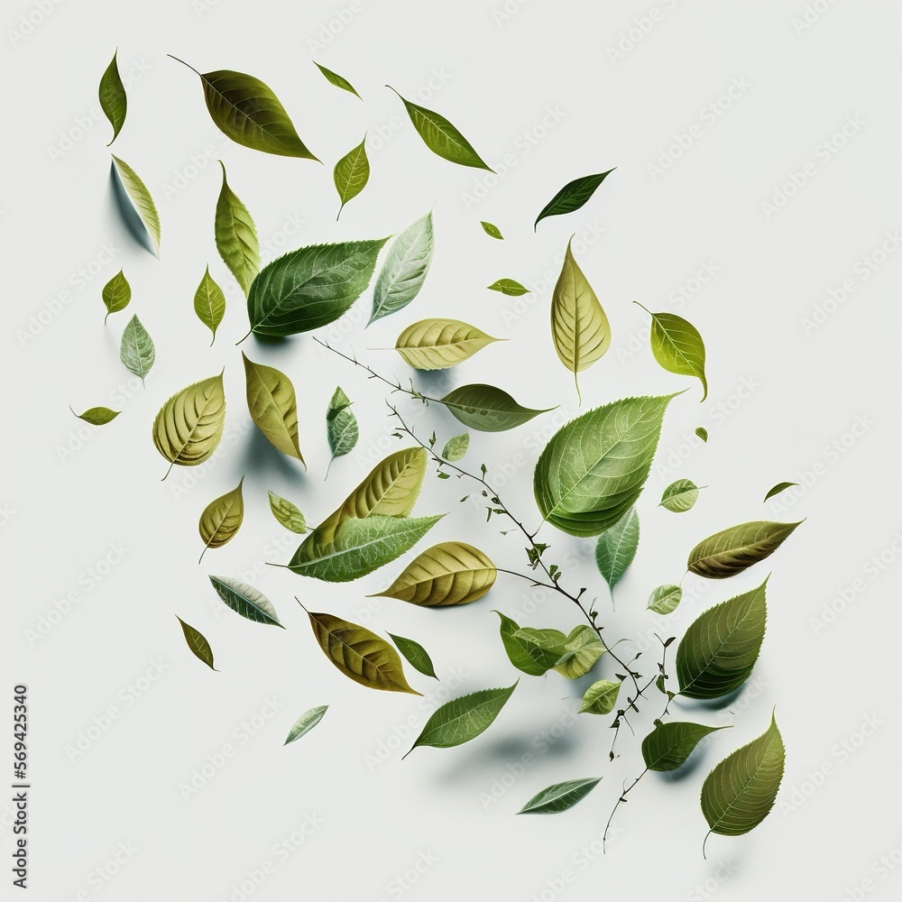 Naklejka premium Abstract green leaves on white background. Generative AI