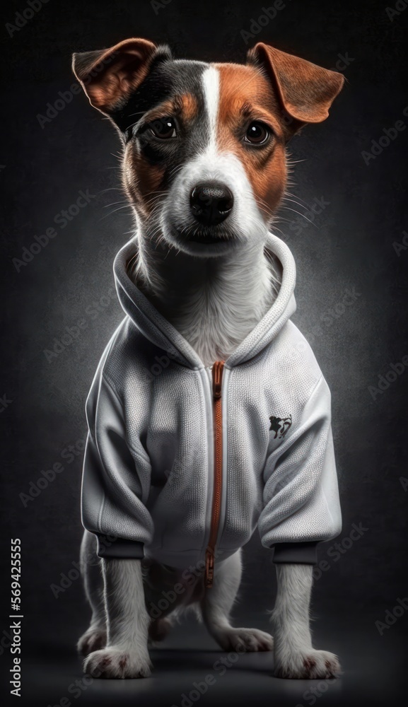 Photo Shoot of Cool, Cute and Adorable Humanoid Jack Russell Terrier Dog in Stylish Sportswear:A Unique Athletic Animal in Action with Comfortable Activewear and Gym Clothes like Men, Women, and Kids