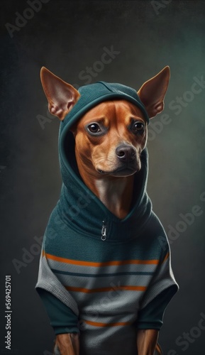Photo Shoot of Cool  Cute and Adorable Humanoid Miniature Pinscher Dog in Stylish Sportswear A Unique Athletic Animal in Action with Comfortable Activewear and Gym Clothes like Men  Women  and Kids