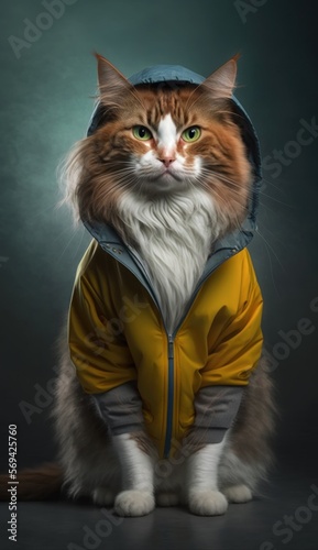 Photo Shoot of Cool, Cute and Adorable Humanoid Norwegian Forest Cat in Stylish Sportswear:A Unique Athletic Animal in Action with Comfortable Activewear and Gym Clothes like Men, Women, and Kids