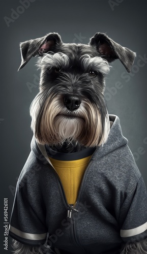 Photo Shoot of Cool, Cute and Adorable Humanoid Standard Schnauzer Dog in Stylish Sportswear:A Unique Athletic Animal in Action with Comfortable Activewear and Gym Clothes like Men, Women, and Kids