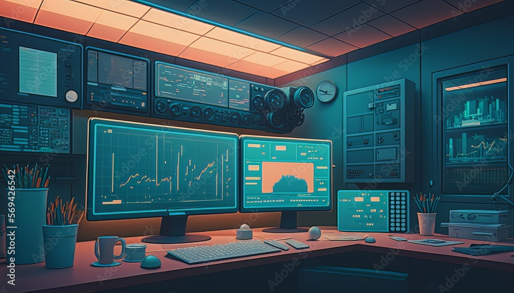 Modern retro 80s trader businessman stock market computer system display interior background. Generative AI technology.	