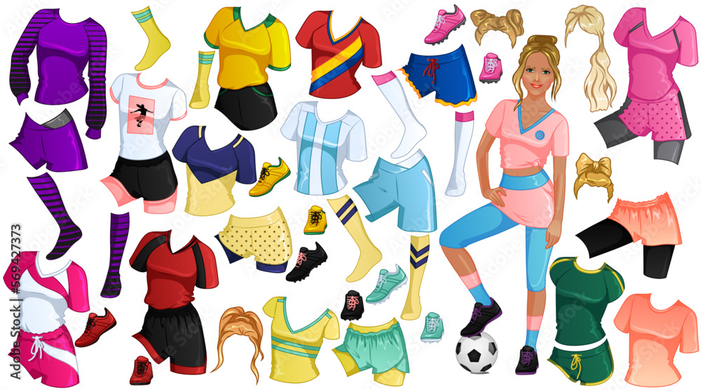 Soccer Paper Doll with Beautiful Woman, Outfits, Hairstyles and Accessories. Vector Illustration