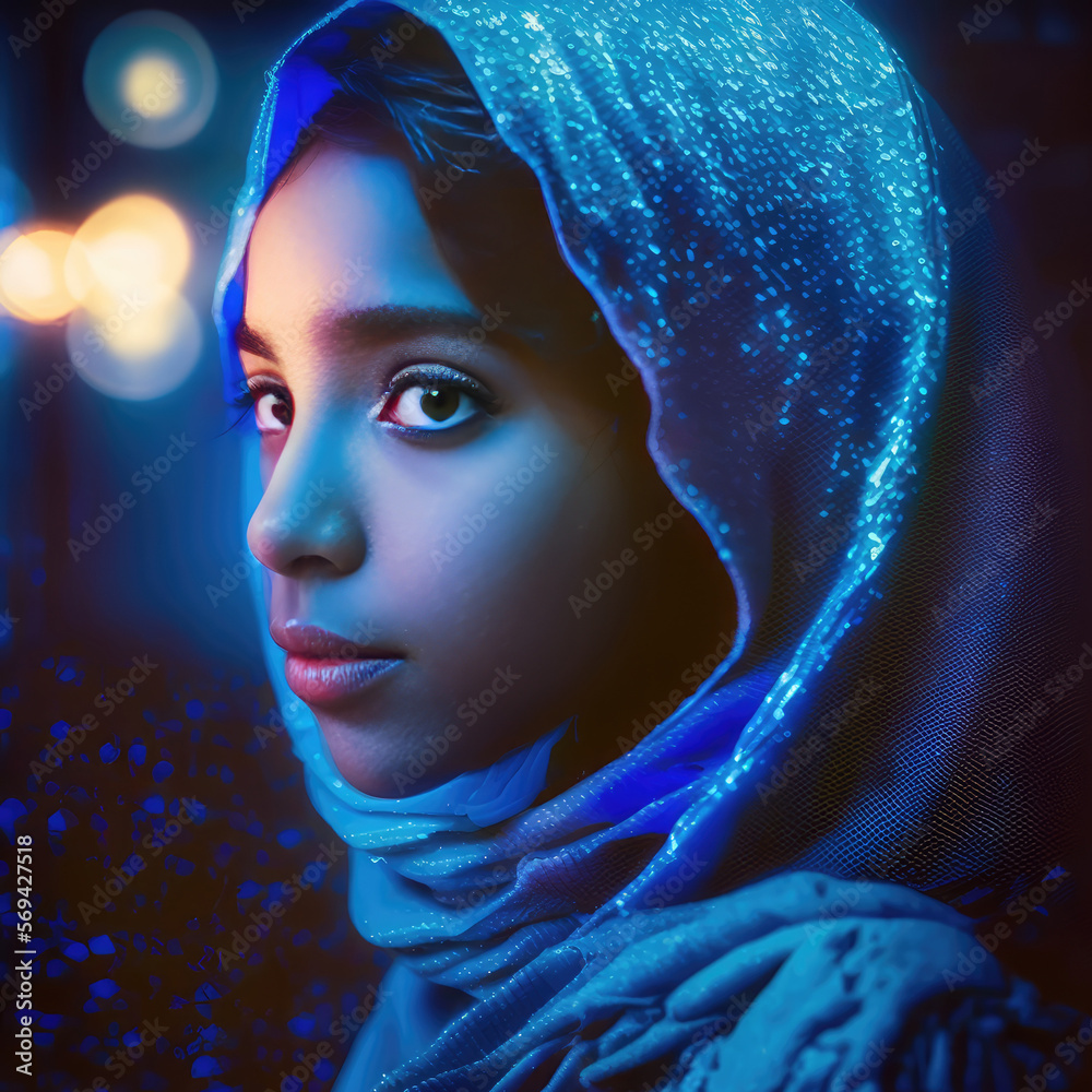 Naklejka premium Beautiful serious middle eastern teenage girl wearing a hijab illuminated by the blue neon light. Generative AI 