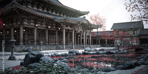 3d illustration.  japanese shrine with windows view outside photo