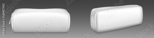 Set of white makeup bags with zipper for cosmetics, beauty tools. Realistic vector illustration of fabric or leather pouch mockup, side and angle view. Travel purse for toiletry and body care items