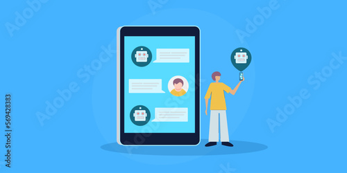 Young man with mobile having dialogue with smart chatbot application, Automate customer support service with artificial intelligence virtual assistant web banner concept.