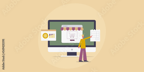 Ecommerce webstore on computer screen, business finance concept, businessman with order invoice and financial analytics on dashboard, web banner template.