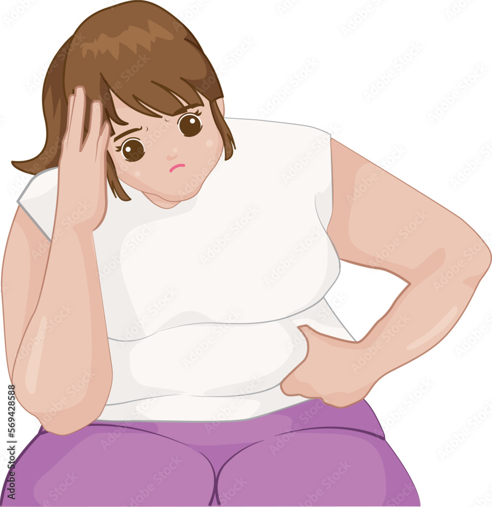 Overweight woman grabbing one's belly , Worried about the weight that just gained Make a hand holding your head. Contemplating a plan to lose weight. Overweight woman grabbing one's belly , Worried about the weight that just gained Make a hand holding your head. Contemplating a plan to lose weight.