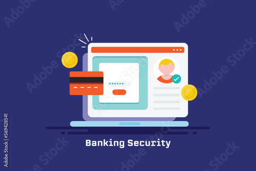 Secure internet banking portal login page on laptop screen, safe digital payment gateway financial technology conceptual web banner template.