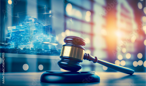 An imposing judge's gavel in a digital environment, represents a court decision specific to the large company and symbolizes legal protection. Generative AI