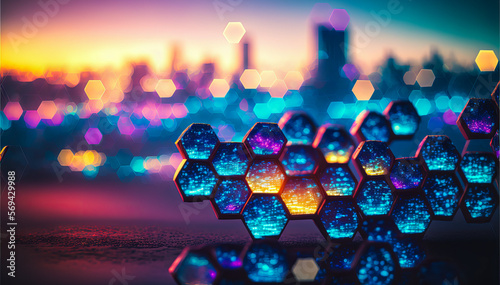 Bold business & digital concepts combine in a hexagon mosaic backdrop, conveying corporate cohesion and digital synergy for any project. Generative AI photo