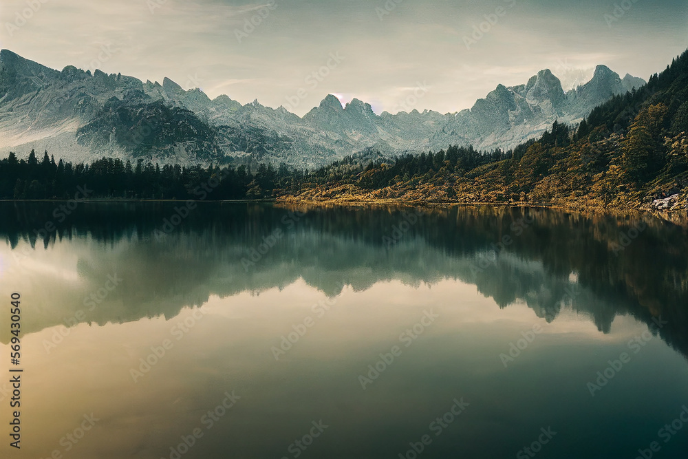 Wallpaper background of a beautiful lake scenery. Generative AI