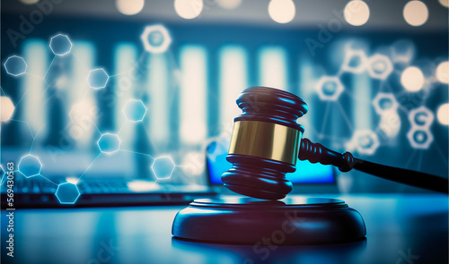 An imposing legal hammer in a digital environment. A solid legal protection for companies, expressed through a court decision. Generative AI
