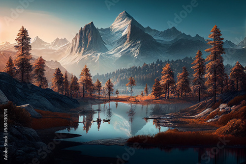 Wallpaper background of beautiful mountain view. Generative AI © Julian