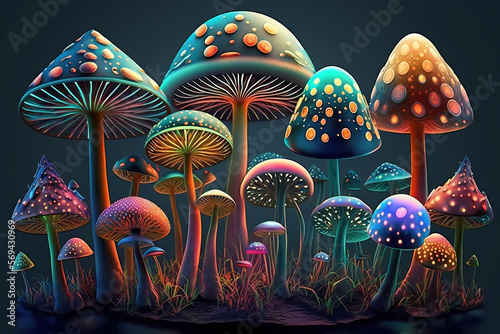 Neon fluorescent mushrooms. AI generation photo