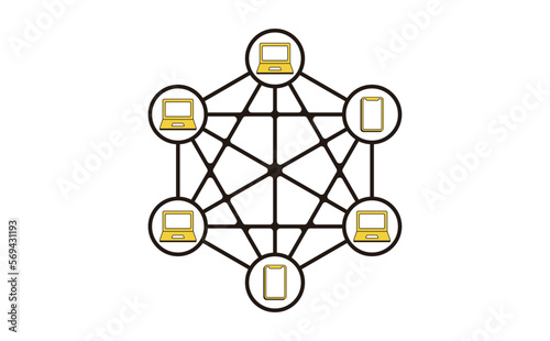 パソコンやスマホが繋がるシンプルデザインのブロックチェーン技術のイメージイラスト素材_ベクター画像_文字なし