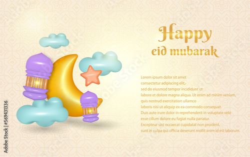 Eid mubarak and Ramadan kareem holiday with cresent, star, cloud, falling lanterns and 3d style vector illustration, for background, poster and festive banner or for all your ideas 2 photo