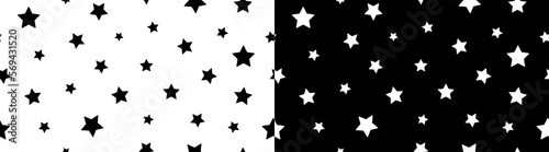 Stars seamless pattern. White and black star on white background for print  baby wallpaper and galaxy. Kids fashion banner for birthday  holiday and celebration. Modern vector illustration