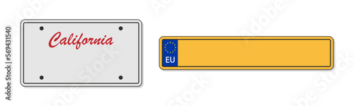 Car plate with number. American and european license and registration of vehicle. Sign of california and europe licence. Euro and usa numberplates of auto. Style templates. Vector