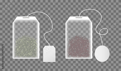 Tea bag mockups. 3d realistic package. Teabag with black and green herb. Sachet with ceylon leaf for beverage. Set of organic drinks in pack, with string and paper for advertising. Vector