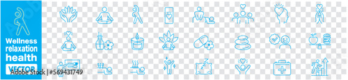 Wellness, relaxation, health, exercise, yoga, spa, diet, wellbeing, icon set collection.