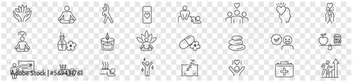 Wellness, relaxation, health, exercise, yoga, spa, diet, wellbeing, icon set collection.