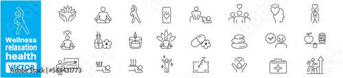 Wellness, relaxation, health, exercise, yoga, spa, diet, wellbeing, icon set collection.