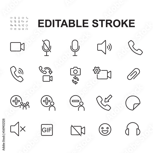 Videocall line icon. Simple vector illustration, simple outline icons - chat, message, microphone, rotary camera, conference and other pictograms for video call interface. Editable Stroke Pixels.
